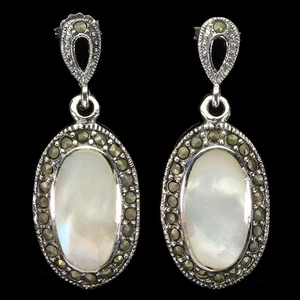925 Sterling Silver Earrings Oval Mother Of Pearl 16x8mm Marcasite Gemstone - Picture 1 of 14