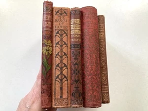 Red Bundle Of 5 Antique Vintage Old Books With Decorative Spines & Pretty Covers - Picture 1 of 14