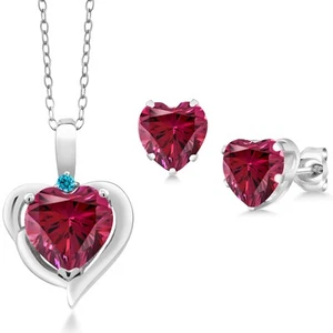925 Sterling Silver Red Zirconia and Blue Zirconia Pendant Necklace Earrings - Picture 1 of 3
