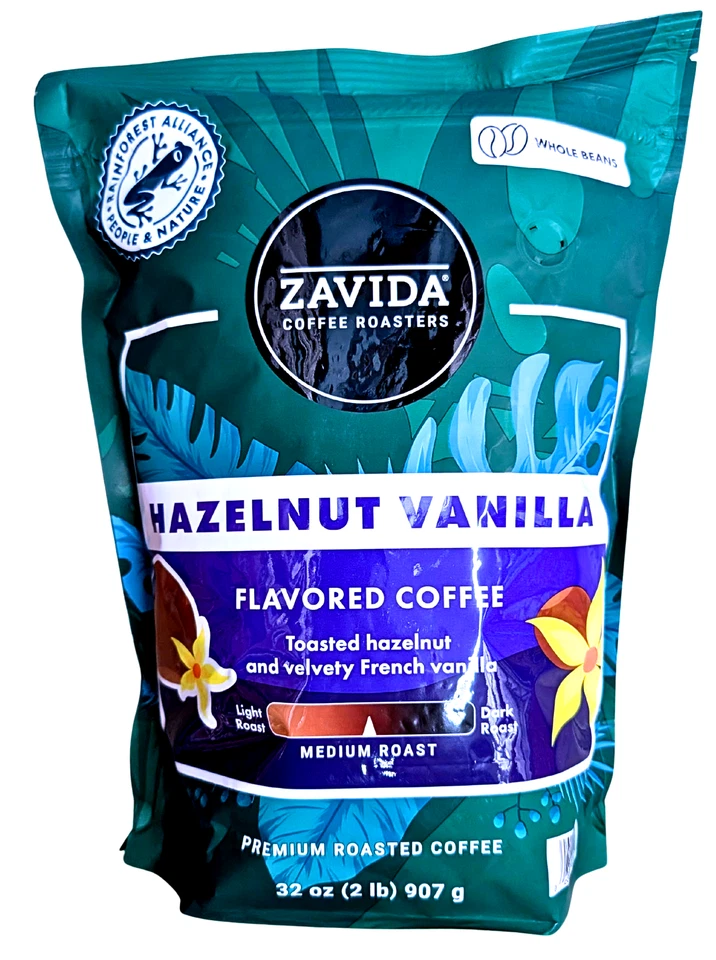 Zavida Hazelnut Vanilla Medium Roast Whole Bean Coffee 2 2lb Bags 32 Oz