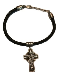 Lavaggi Native Angel Cross Pendant on Black Braided Leather Bracelet 925 & 14K - Picture 1 of 14