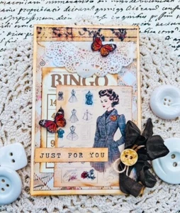 Handmade JUST FOR YOU Vintage Retro Woman w. Bingo & Butterflies Greeting Card - Bild 1 von 1