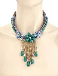 Bohemian Inspired Green & Gray Statement Flower Fringe Bib Necklace Earrings - Picture 1 of 4