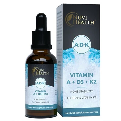 NUVI HEALTH Vitamina D3 + K2 + A gocce = 50ml MK7 alto dosaggio - 99,7% All trans - K2VITAL®