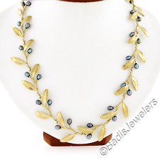 MMA 14K Yellow Gold Baroque Tahitian Pearl Textured Olive Branch Leaf Necklace