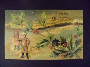 Vintage Beautiful Merry Christmas Holly Berries Children Embossed Unposted Clean - Picture 1 of 2