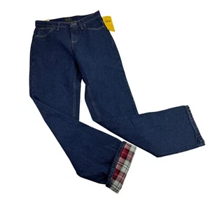 Cabelas Red Plaid Flannel Lined Dark Indigo Denim boot cut Jeans Women's Sz 4 L - Picture 1 of 9