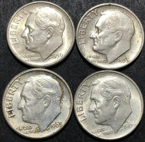 1950 S 1953-S 1963 D 1964-D 10 CENT 90% SILVER DIME COIN LOT 4 pc - Picture 1 of 2