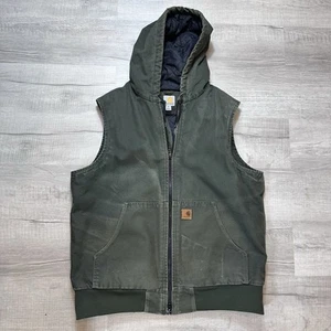 Carhartt 100121 316 Sandstone Moss Green Canvas Hooded Quilted Work Wear Vest XL - Picture 1 of 8