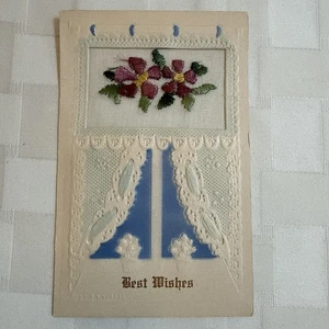 Hand Embroidered Postcard Best Wishes Purple Flowers And Lace - Picture 1 of 12