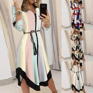 Damen Gestreiftes Langes Kleid Knopfleiste Hemdkleid Freizeit Strand Sommerkleid - Picture 1 of 16