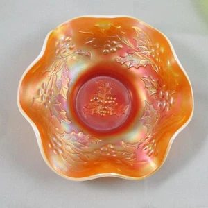 DUGAN HOLLY & BERRY PEACH OPAL CARNIVAL GLASS BOWL - Picture 1 of 5