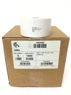 NEW Box Of 6 Zebra 8000D Lab 10025482 Adhesive Coated Paper Rolls 2"x1.94", QTY - Image 1 of 4