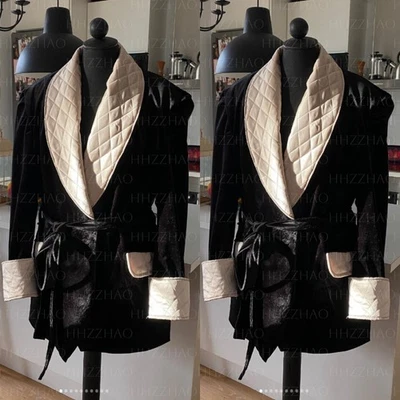 Trajes de terciopelo negro para hombre chaqueta para fumar chal solapa bata boda novio esmoquin Foto 1 de 4