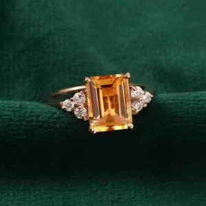 Citrine Ring November Birthstone Emerald Cut Engagement Ring 925 Silver Size 8US - Picture 1 of 6