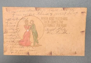 c1908 Vintage LEATHER POST CARD, Kiss Meets Kiss, Postmarked Mellvile, LA - Picture 1 of 9