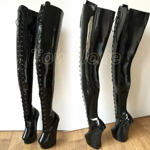 Ultra High Heel Lace Up Boot Fetish Heelless Hoof Sole Wedge Platform Horse Boot - Picture 1 of 13