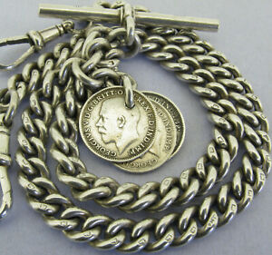 Antique Solid Silver Double Albert Pocket Watch Chain & 3 Coin Fobs T-Bar 1920
