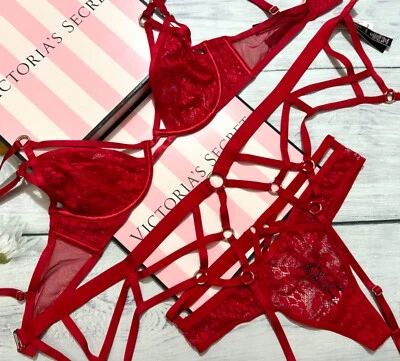Victoria's Secret Snake Lace Unlined Plunge Bra Thong Garter 3ps Set Red - Image 1 of 4