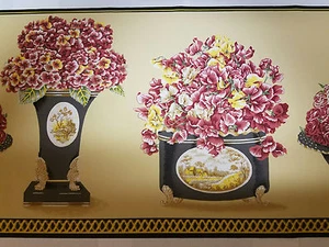 * WALLPAPER BORDER FLOWERS BASKET VASE BLACK ROSES ROSE FLORAL NEW ARRIVE WIDE - Picture 1 of 3