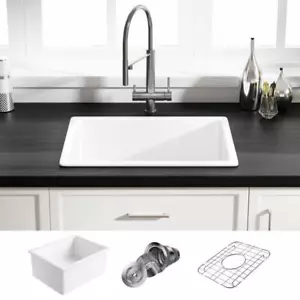 Eridanus Undermount Kitchen Sink 24" Basket Strainer Single Ceramic Bowl White - Picture 1 of 12
