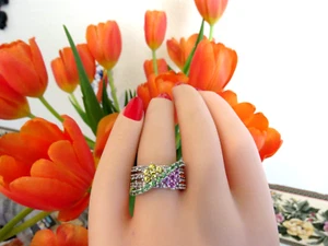 ❤️ Solid 14 White Gold Multicolor Sapphires Wide Band Cocktail Ring Sz.6 * 8.6gr - Picture 1 of 13