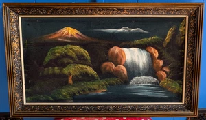 Vintage Black Velvet Painting Framed Art MCM Volcano Waterfall Tree - Picture 1 of 11