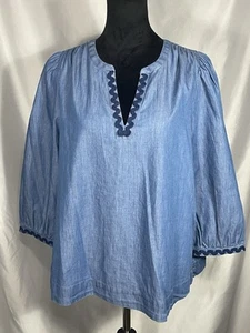 Crown & Ivy Women’s 3/4 Sleeve Blue Shirt Denim Ric Rac Peasant Top Sz XL NWOT - Picture 1 of 9