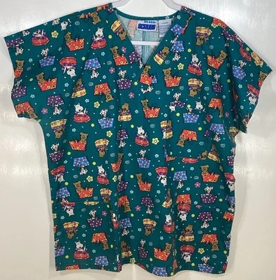 Scrub Top womens size L large Dogs On Beds and In Bags groomer vet tech nurses - Image 1 of 3
