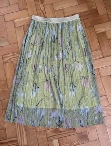 M&S Collection Midi Skirt - Size 10 Lime Floral Pleats Metallic Waistband EX CON - Picture 1 of 7