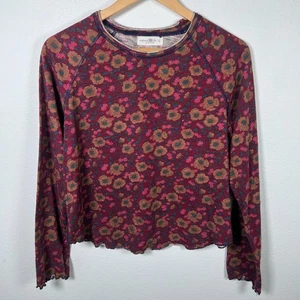 Natural Life Womens Floral T Shirt Top Sz L Cotton Casual Cropped Burgundy Boho - Picture 1 of 10