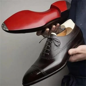 Oxford Brogue Leather Shoes Red Sole Retro Lace-Up Dress Business Casual Party - Picture 1 of 8