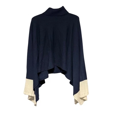 White House Black Market Navy Blue Beige Colorblock Turtleneck Poncho Sweater XS - Image 1 of 4