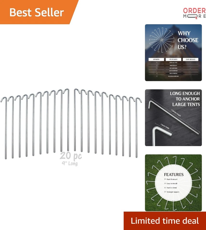Rampro Tent Garden Stakes Heavy Duty Galvanized Steel Pegs Rust- 9inch 20qty