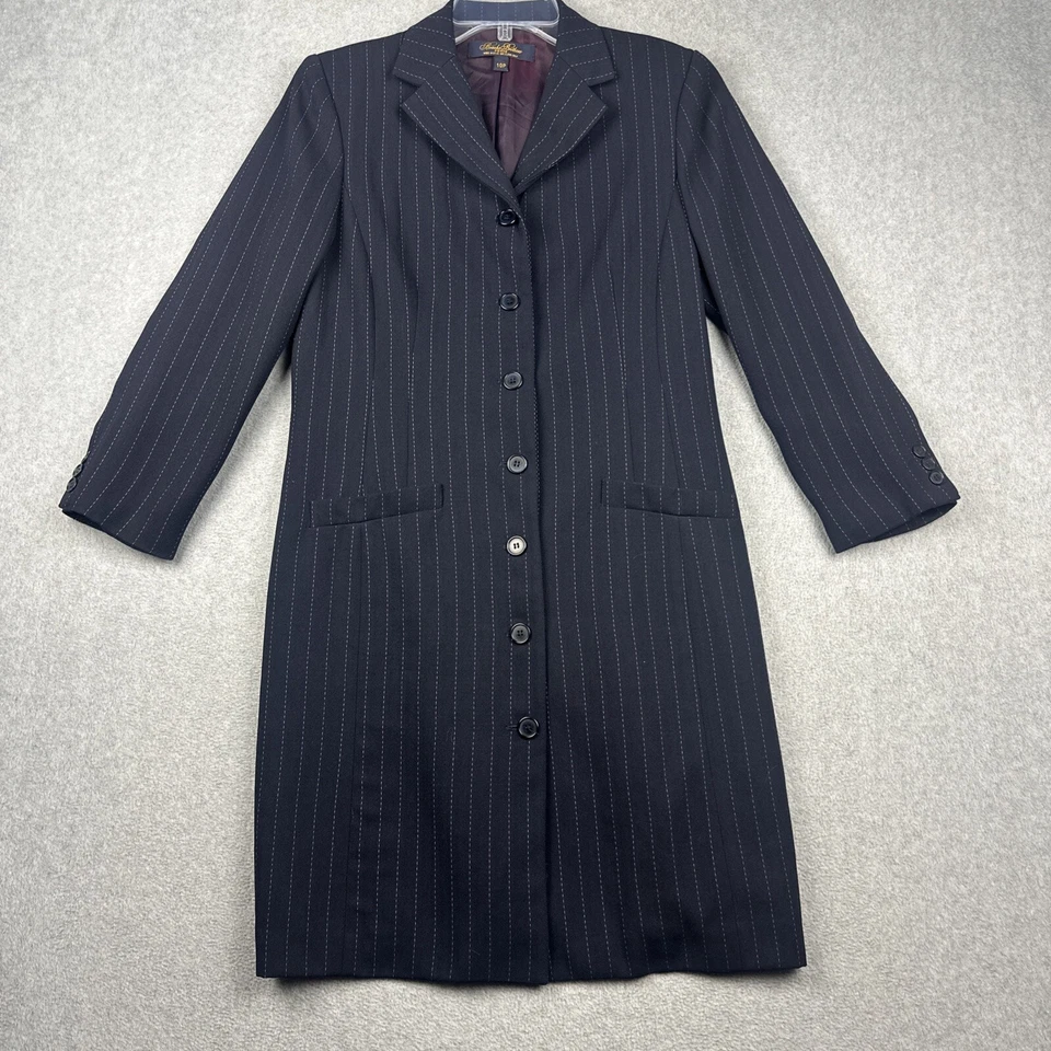 Abrigo Brooks Brothers Mujer 10P Azul Topcoat Rayas Largo Blazer Hecho en EE. UU. Foto 1 de 4