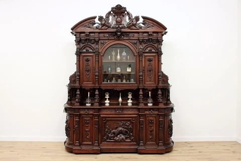 Black Forest Antique Carved Oak Monumental Hunt Sideboard or Back Bar #42552 Cover