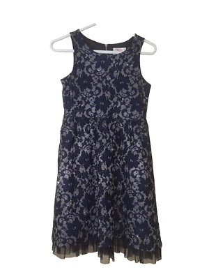 Vestido JUSTICIA para niñas talla 14 negro azul plateado floral encaje brillante sin mangas Foto 1 de 4