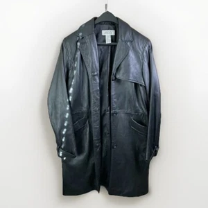 VINTAGE Y2K 90s ALFANI BLACK LEATHER TRENCH COAT Long JACKET Size Small - Picture 1 of 5