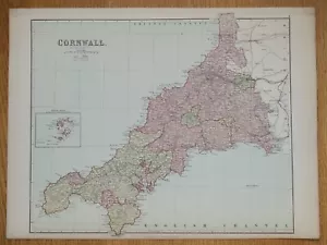 CORNWALL, John Bartholomew Original Antique Map c1870 - Picture 1 of 3