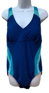 Lands' End Women's 16 Petie Swimsuit Blue Retro Stripe Color Block One Piece - Picture 1 of 7