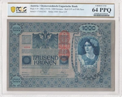1902 (1919), Austria. Certified 1,000 Kronen Note. Pick # 59. PCGS Ch UNC 64! - Image 1 of 2