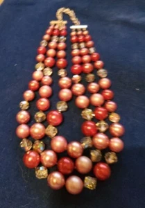 Vntg Jewelry 3 Strand Necklace MCM Aurora Borealis Crystal AB & Faux Pink Pearls - Picture 1 of 4