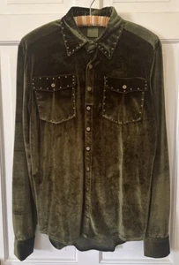 NWT Cowgirl Tuff Pullover Button Up Shirt Green Velvet Stretch Studded Western M - Picture 1 of 7