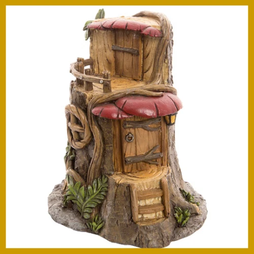 Two Story Tree Stump House With Mushroom Awning Miniature Fairy Garden Figurine