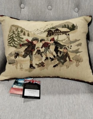 Hines of Oxford ICE SKATERS Tapestry Accent Pillow Lumbar Chalet Lodge 14x26 NEW - Image 1 of 4