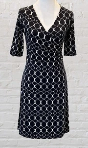 VTG Gilli Trista Faux Wrap Jersey Dress Navy & White Geo Print Sz S Office Siren - Picture 1 of 8