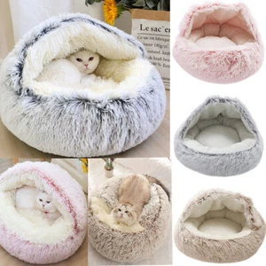 Pet Cat Calming Bed Cuddle Soft Warm Plush Cave Hooded Igloo Sleeping Nest House - Picture 1 of 34