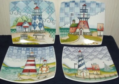 Juego de 4 platos de ensalada/almuerzo Jim Shore Square Lighthouse Cypress Hill 8,5" Foto 1 de 4
