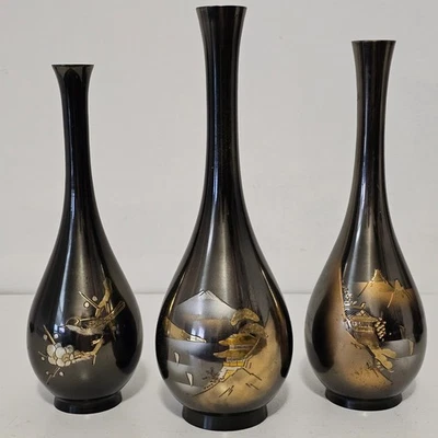 3 Vintage Japanese Mt. Fuji & Bird Bronze/Brass Etched & Gilded Black Bud Vases - Image 1 of 4