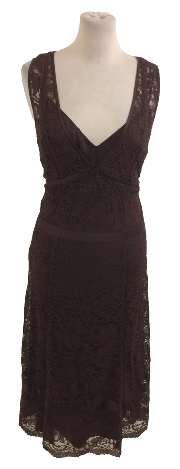 Vestido para mujer DKNY talla 8 marrón crochet encaje forrado midi usado F1 Foto 1 de 4